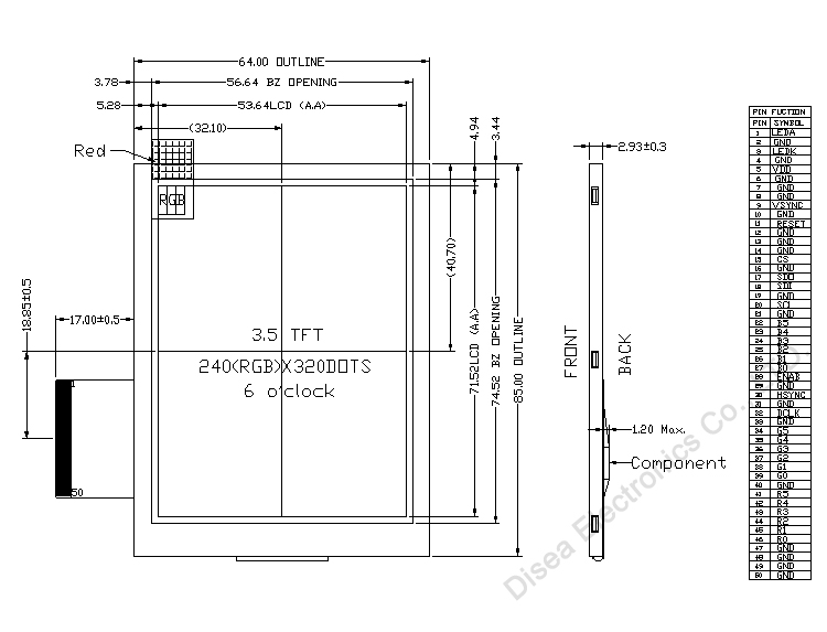 DISEA Transflevtive TFT LCD - ZW-T035GQITR-01 ouline drawing